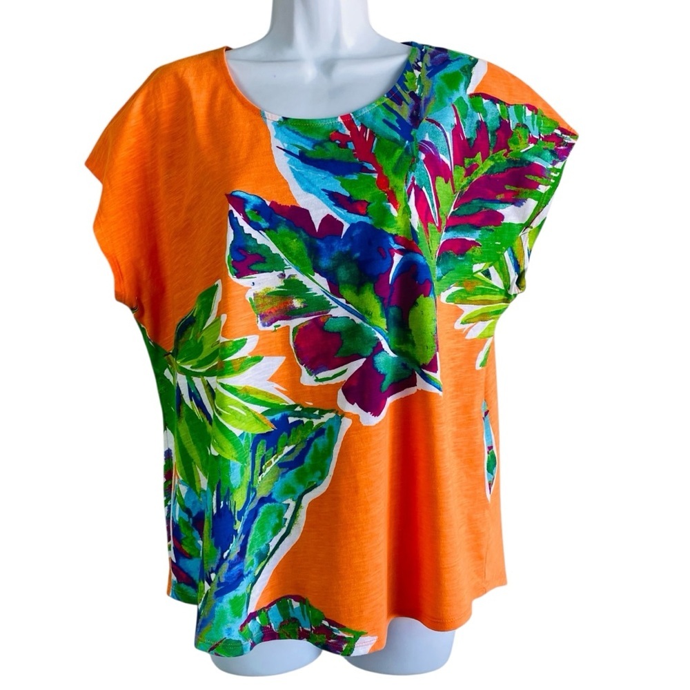 Chico’s Bright Tropical Print Cap Sleeve Top Size L/12